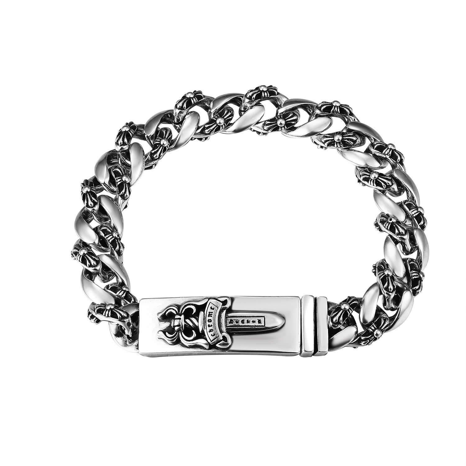 Chrome Hearts Silver Plated Braided Chain Bracelet with Decorative Clasp